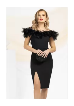Rochie de ocazie Pretty Girl neagra cu pene si umerii goi imagine