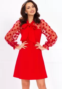 Rochie de ocazie rosie lejera cu maneci din tulle cu buline din catifea imagine