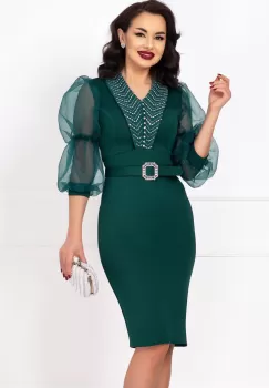 Rochie de ocazie verde cu maneci bufante din organza si pietre decorative imagine