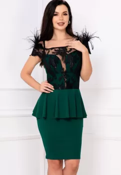 Rochie de ocazie verde Iviana cu peplum si fulgi la umeri imagine
