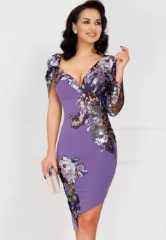 Rochie de seara Adelina lila asimetrica cu flori pastelate si paiete imagine