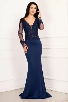 Rochie de seara bleumarin pretioasa tip sirena cu broderie aplicata si margele imagine