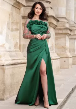 Rochie de seara din tafta Calliope verde cu flori de bujor 3D imagine