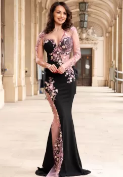 Rochie de seara eleganta neagra Anelisse tip sirena cu flori de cires brodate imagine