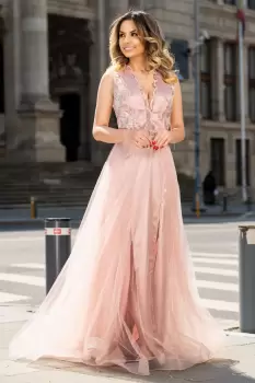 Rochie de seara eleganta Pretty Girl lunga roz din tul si broderie imagine
