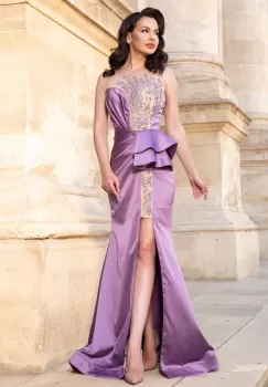 Rochie de seara lila Isis cu peplum si model pretios din margele si strassuri imagine