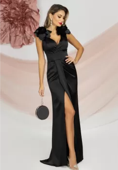 Rochie de seara lunga eleganta neagra cu flori maxi pe umeri imagine