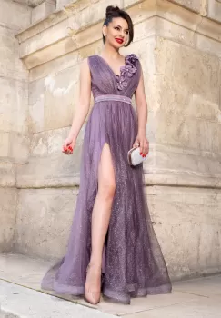 Rochie de seara lunga mov Jupiter cu glitter si flori 3D imagine