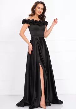 Rochie de seara lunga Penelope neagra cu trandafiri pretiosi imagine