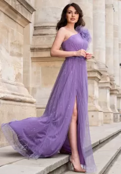 Rochie de seara mov lunga Clio din tulle brodat cu floare 3D pe umar imagine