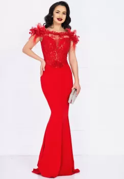 Rochie de seara Noely lunga rosie cu broderie pretioasa si fulgi imagine