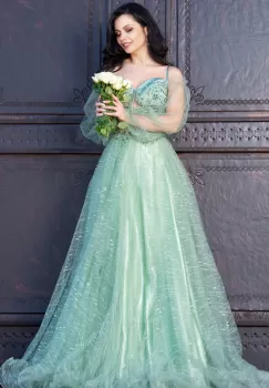 Rochie de seara Patrizia mint din tulle cu sclipici si margele imagine