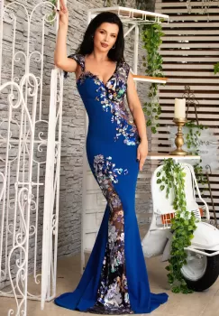 Rochie de seara tip sirena Kany albastru royal cu model din paiete si flori pastelate imagine
