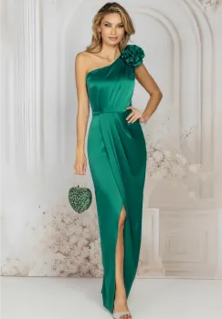 Rochie de seara verde lunga petrecuta cu umar gol si floare 3D imagine