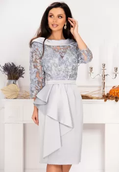 Rochie de soacra Danna argintie cu flori de catifea si peplum imagine