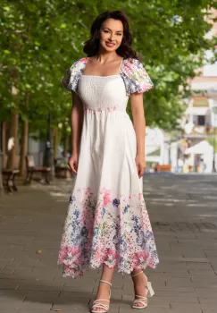Rochie de vara alba din bumbac perforat cu imprimeu florala imagine