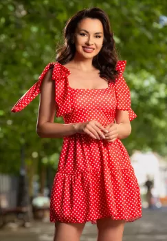 Rochie de vara in clos rosie cu buline si funda la umeri imagine