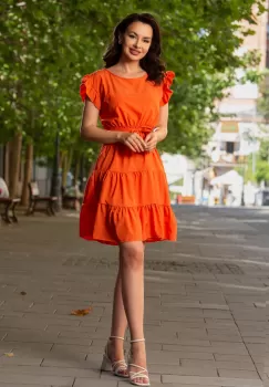 Rochie de vara orange in clos cu volanase la umeri imagine