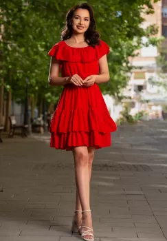 Rochie de vara rosie scurta in clos cu volane imagine