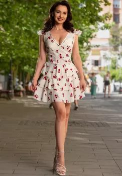 Rochie de vara scurta cu volane si imprimeu cirese imagine