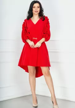 Rochie de zi asimetrica rosie cu volan pe maneca si funda aurie imagine