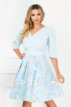 Rochie de zi bleu ciel cu imprimeu floral si nasturi decorativi imagine
