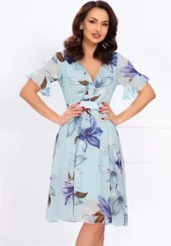 Rochie de zi din voal bleu in clos cu imprimeu floral imagine