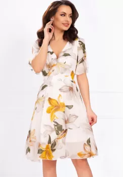 Rochie de zi din voal ecru in clos cu imprimeu floral imagine