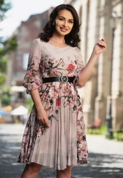 Rochie de zi din voal plisat bej cu imprimeu floral imagine