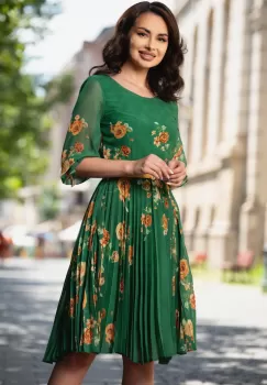 Rochie de zi din voal plisat Nicole verde cu imprimeu floral imagine