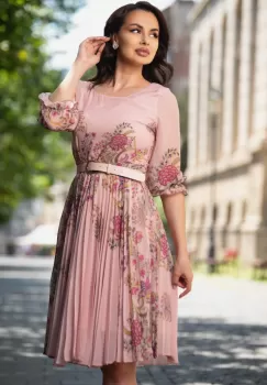 Rochie de zi din voal plisat rose cu imprimeu floral imagine