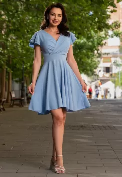 Rochie de zi eleganta bleu in clos cu volane la umeri imagine