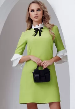 Rochie de zi Fofy in A lime cu aplicatii plisate albe si brosa imagine