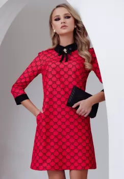 Rochie de zi Fofy in A rosie cu imprimeu grafic si guler negru imagine