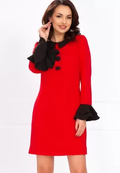 Rochie de zi Ivonne rosie cu guler si mansete negre imagine