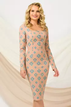 Rochie de zi tip creion Pretty Girl bej cu imprimeu geometric imagine