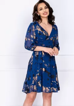 Rochie din voal Evolette in clos albastru-royal cu print aramiu imagine