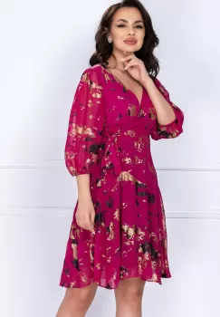 Rochie din voal Evolette in clos fuchsia cu print aramiu imagine