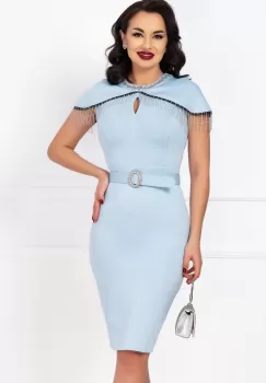 Rochie eleganta bleu conica cu maneci tip capa si franjuri argintii imagine