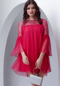 Rochie eleganta de ocazie Fofy ciclame lejera din tulle plisat margele paiete si perle imagine