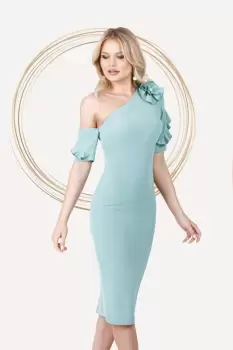 Rochie eleganta de ocazie Pretty Girl mint cu umar gol si volanase imagine