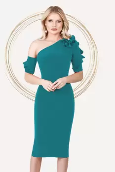 Rochie eleganta de ocazie Pretty Girl turquoise cu umar gol si volanase imagine
