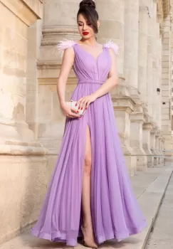 Rochie eleganta de seara lunga lila Gratiela cu perle in talie si fulgi pe umeri imagine