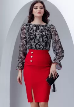 Rochie eleganta Fofy cu fusta rosie si bust din voal imprimat imagine