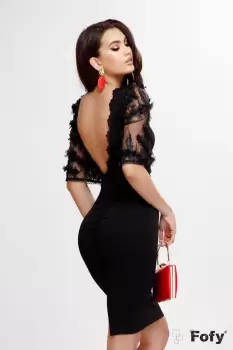 Rochie eleganta Fofy neagra cu maneci cu flori 3D si spatele gol imagine