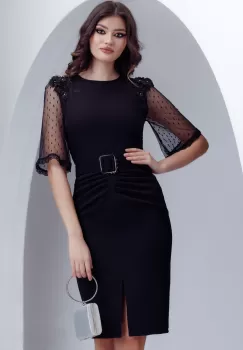 Rochie eleganta Fofy neagra cu maneci de dantela si aplicatii 3D imagine