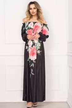 Rochie eleganta lunga neagra din voal satinat cu imprimeu floral imagine
