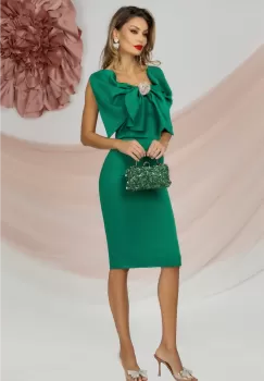 Rochie eleganta midi verde cu funda maxi si accesoriu cu strassuri imagine