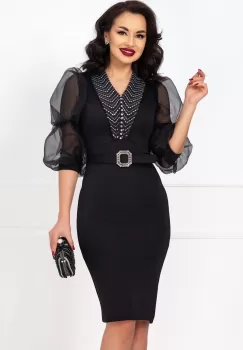 Rochie eleganta neagra cu maneci bufante din organza si pietre decorative imagine