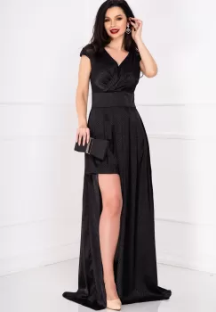 Rochie eleganta neagra dungata cu decupaj pe picior imagine